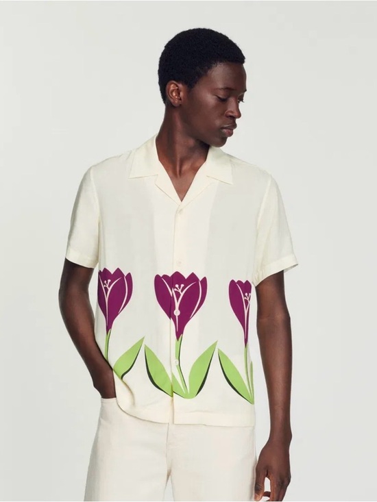 Sandro Paris Other - Men's Cream Short-Sleeve Button-Down Shirt with Purple Floral Print